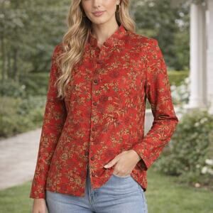 C22 Teddi Vintage Jacket Red Asian Floral Print Mandarin Collar Women’s Size M